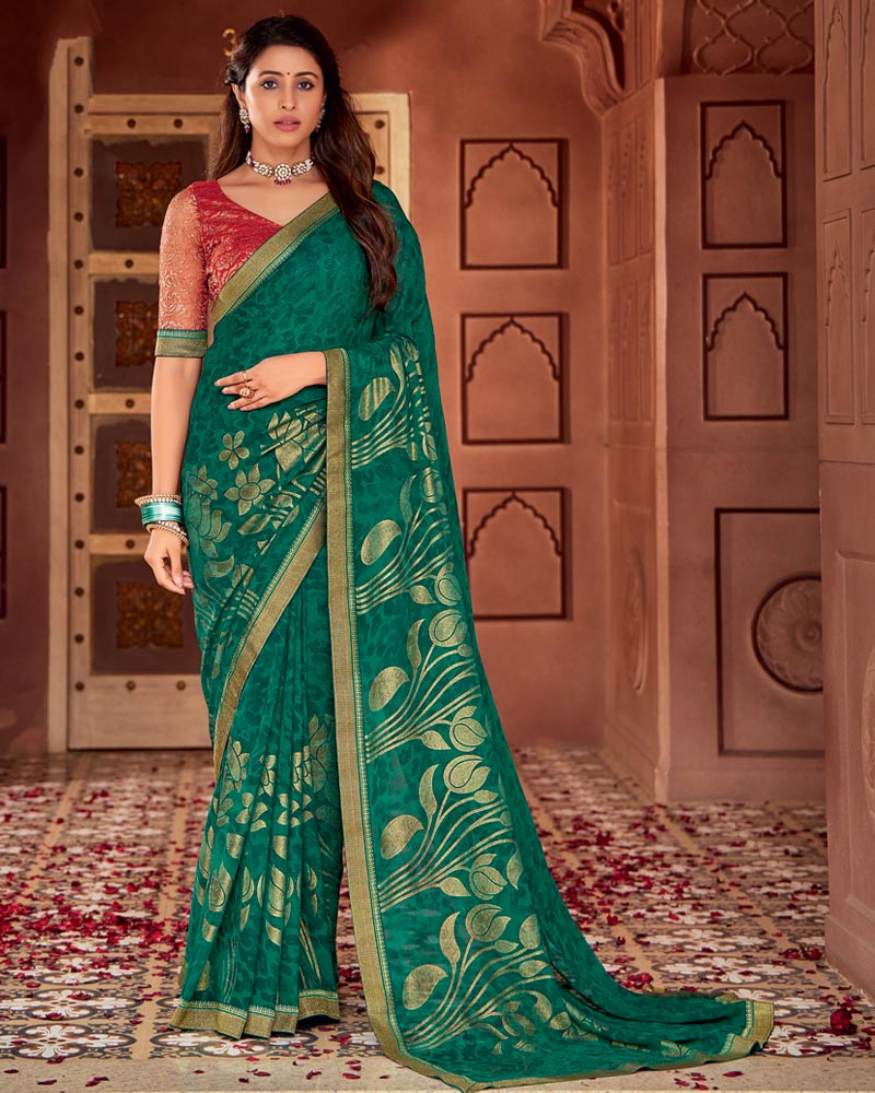 Vishal Prints Tropical Green Printed Georgette Saree With Foil Print And Zari Border