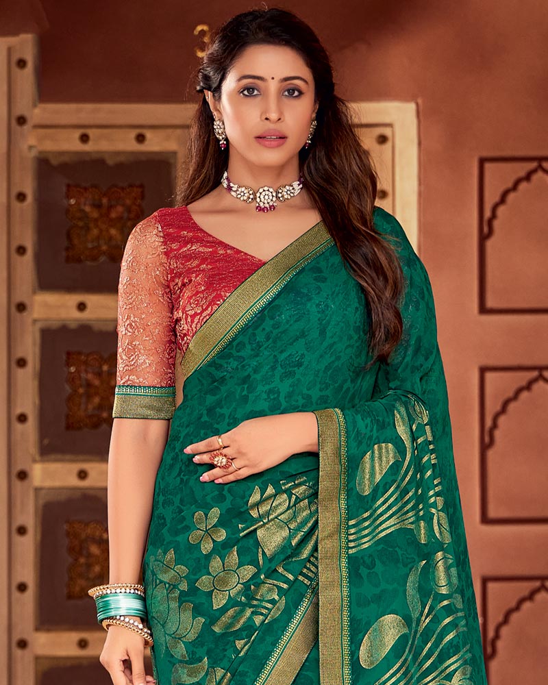 Vishal Prints Tropical Green Printed Georgette Saree With Foil Print And Zari Border