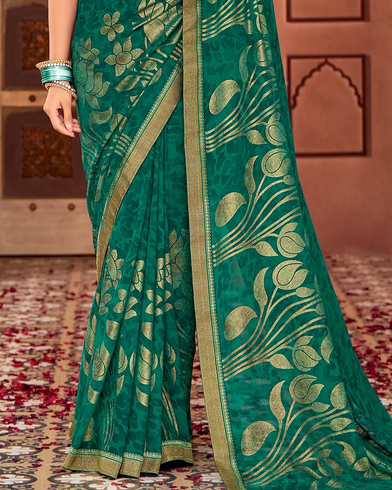 Vishal Prints Tropical Green Printed Georgette Saree With Foil Print And Zari Border