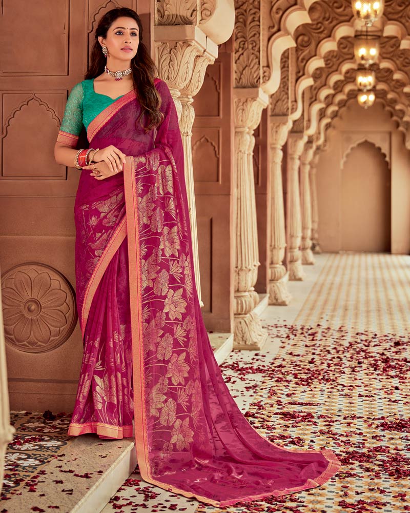 Vishal Prints Purple Red Printed Georgette Saree With Foil Print And Zari Border