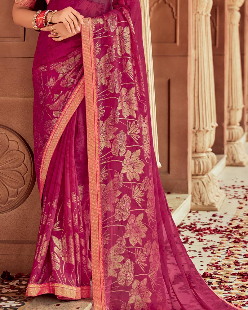 Vishal Prints Purple Red Printed Georgette Saree With Foil Print And Zari Border