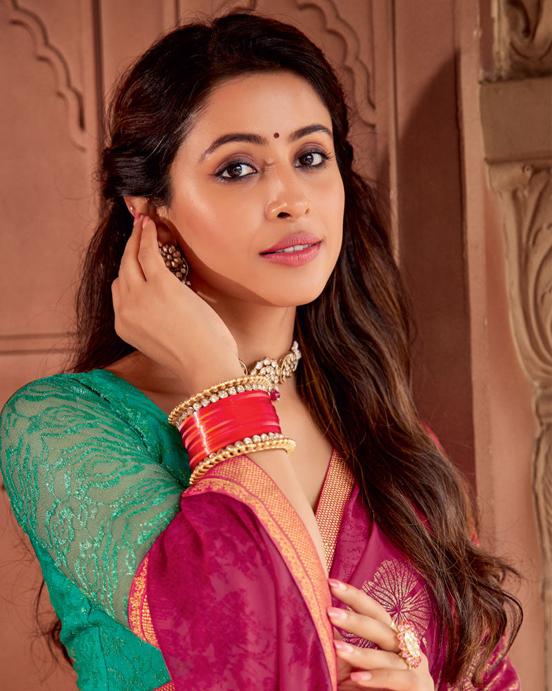 Vishal Prints Purple Red Printed Georgette Saree With Foil Print And Zari Border