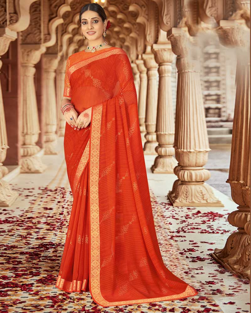 Vishal Prints Flame Orange Printed Georgette Saree With Foil Print And Zari Border