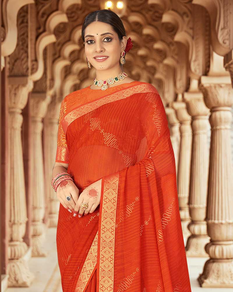 Vishal Prints Flame Orange Printed Georgette Saree With Foil Print And Zari Border