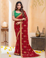 Vishal Prints Dark Burgundy Georgette Saree With Foil Print And Zari Border