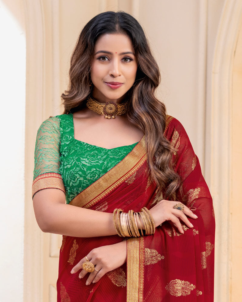 Vishal Prints Dark Burgundy Georgette Saree With Foil Print And Zari Border