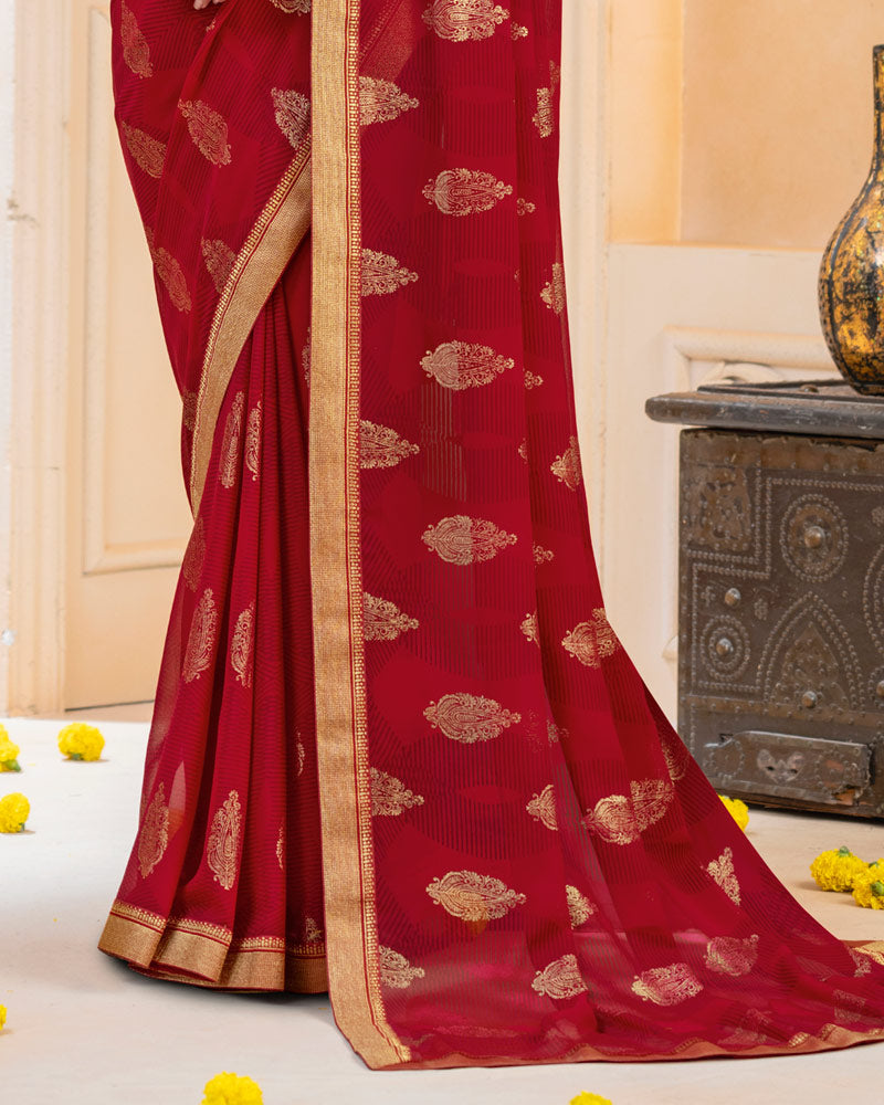 Vishal Prints Dark Burgundy Georgette Saree With Foil Print And Zari Border