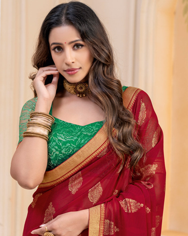 Vishal Prints Dark Burgundy Georgette Saree With Foil Print And Zari Border