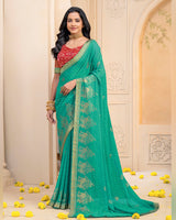 Vishal Prints Persian Green Georgette Saree With Foil Print And Zari Border