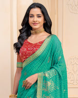 Vishal Prints Persian Green Georgette Saree With Foil Print And Zari Border