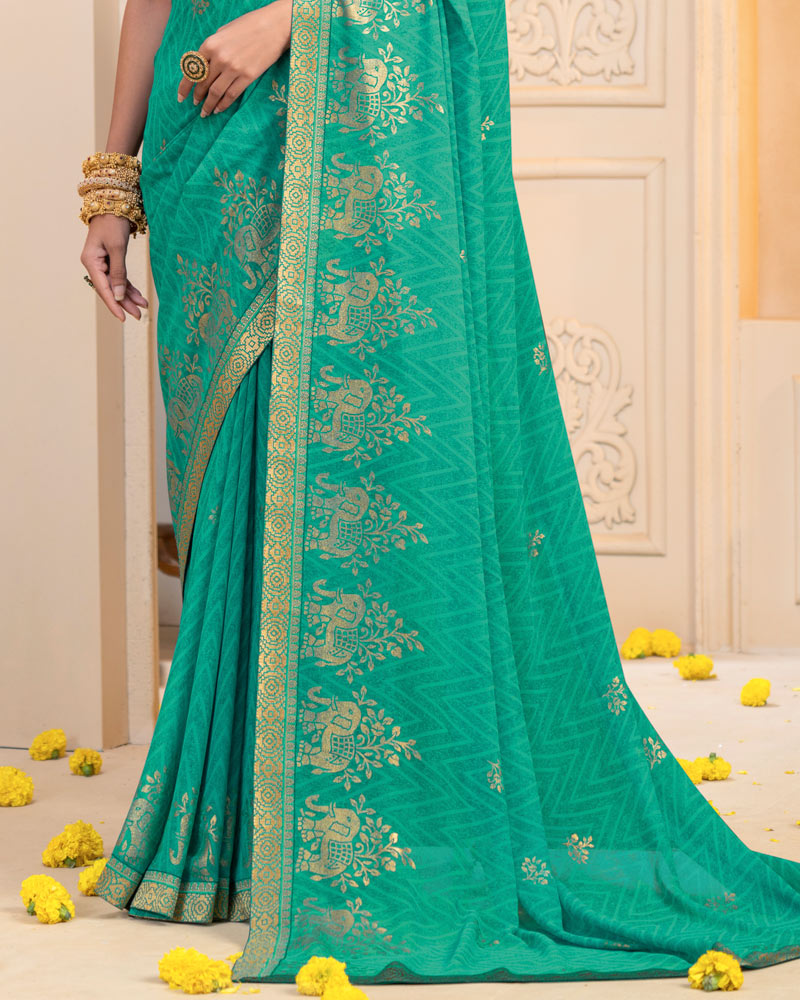 Vishal Prints Persian Green Georgette Saree With Foil Print And Zari Border