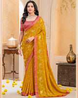 Vishal Prints Mustard Yellow Georgette Saree With Foil Print And Zari Border