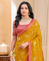 Vishal Prints Mustard Yellow Georgette Saree With Foil Print And Zari Border
