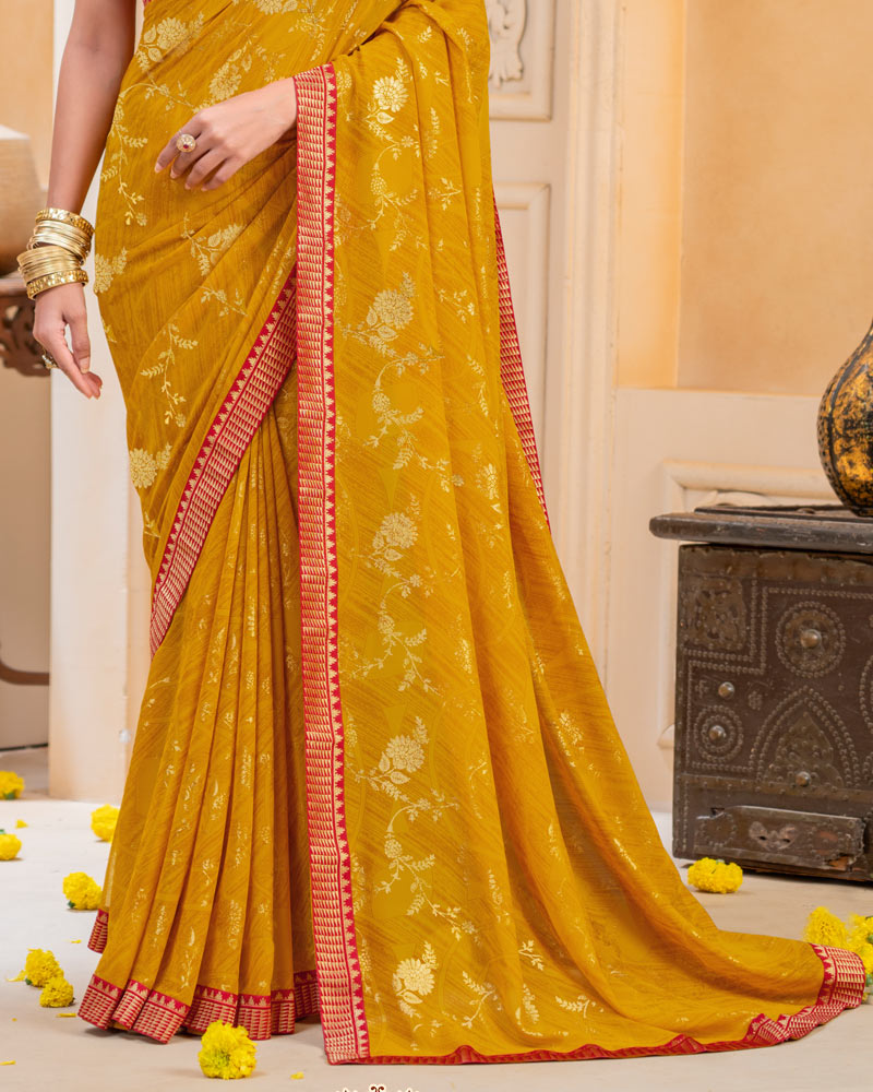 Vishal Prints Mustard Yellow Georgette Saree With Foil Print And Zari Border