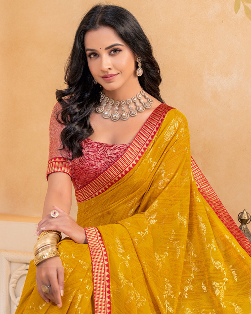 Vishal Prints Mustard Yellow Georgette Saree With Foil Print And Zari Border