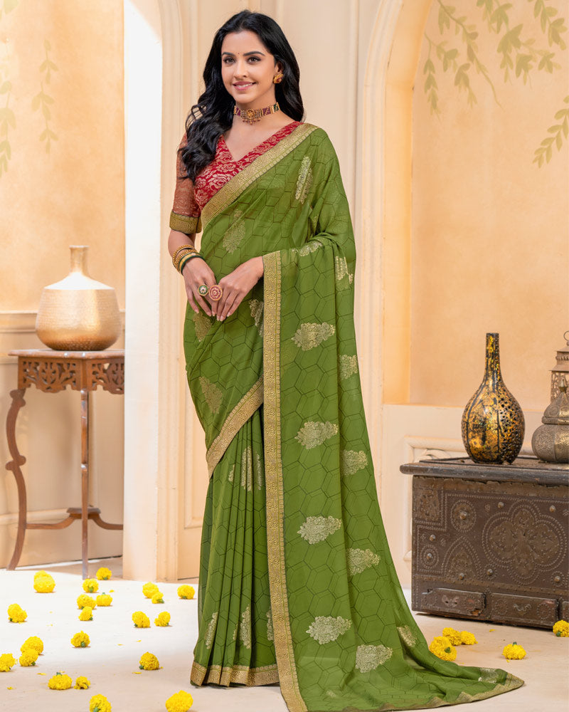 Vishal Prints Olive Green Georgette Saree With Foil Print And Zari Border