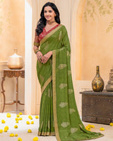 Vishal Prints Olive Green Georgette Saree With Foil Print And Zari Border