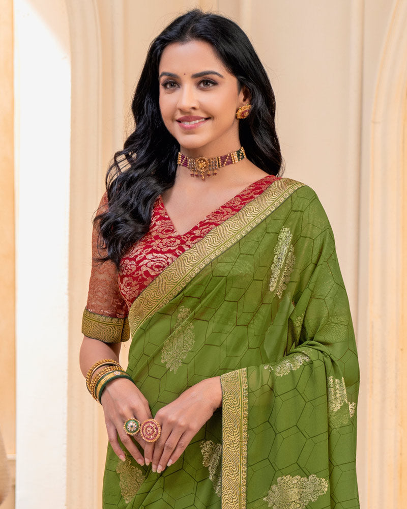 Vishal Prints Olive Green Georgette Saree With Foil Print And Zari Border