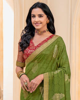 Vishal Prints Olive Green Georgette Saree With Foil Print And Zari Border