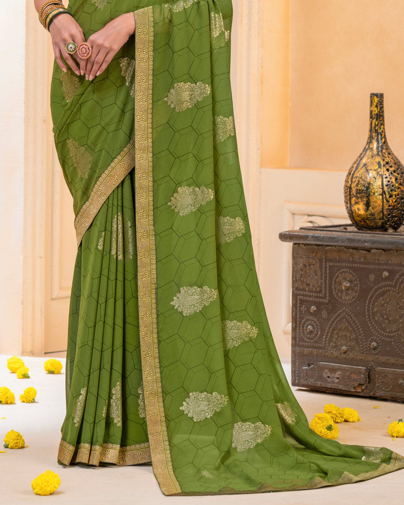 Vishal Prints Olive Green Georgette Saree With Foil Print And Zari Border