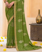 Vishal Prints Olive Green Georgette Saree With Foil Print And Zari Border