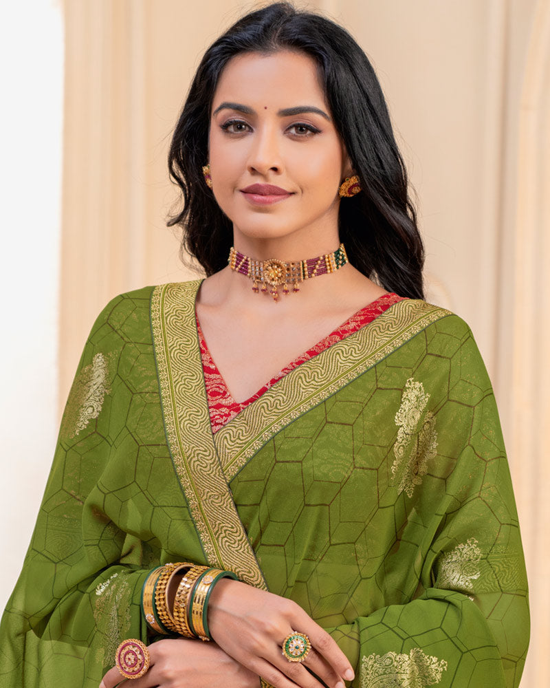 Vishal Prints Olive Green Georgette Saree With Foil Print And Zari Border