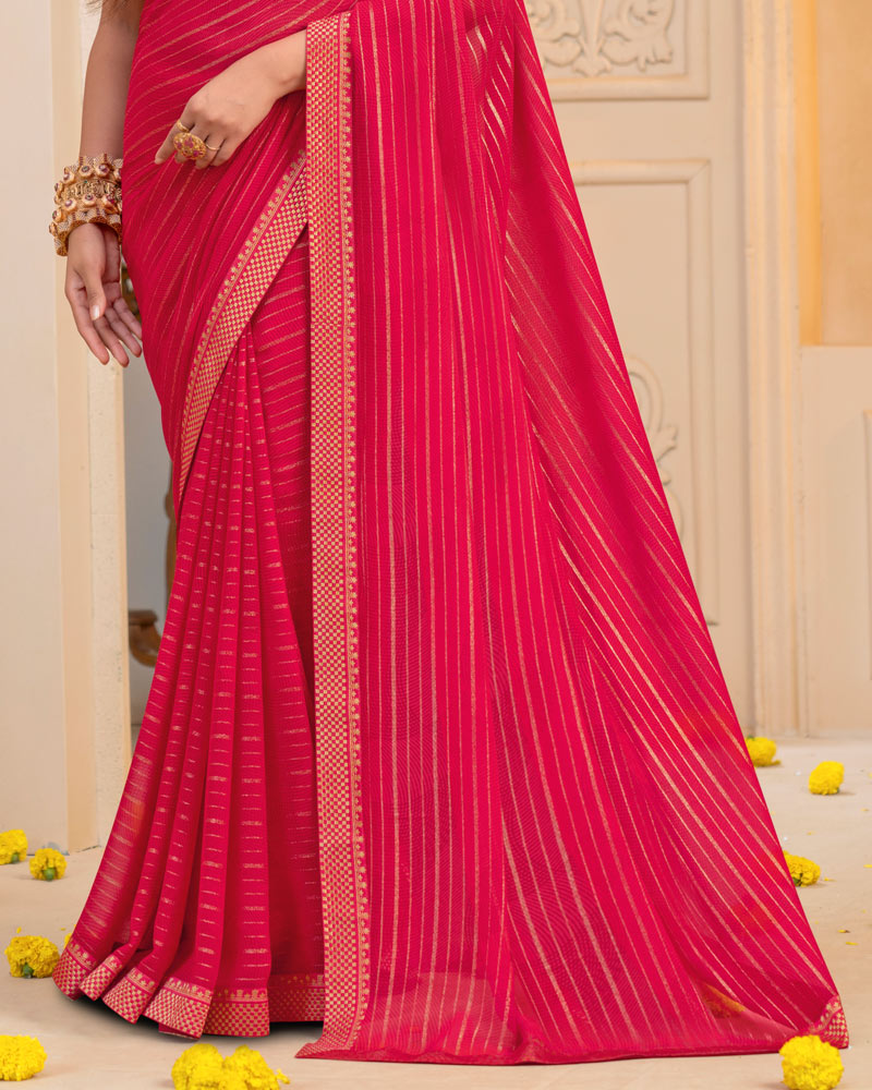 Vishal Prints Raspberry Pink Georgette Saree With Foil Print And Zari Border