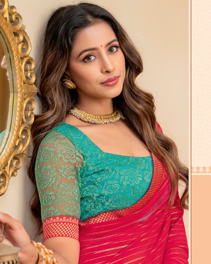 Vishal Prints Raspberry Pink Georgette Saree With Foil Print And Zari Border
