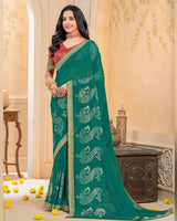 Vishal Prints Rama Green Georgette Saree With Foil Print And Zari Border