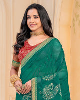 Vishal Prints Rama Green Georgette Saree With Foil Print And Zari Border