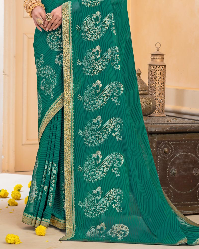 Vishal Prints Rama Green Georgette Saree With Foil Print And Zari Border