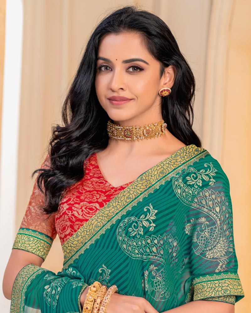 Vishal Prints Rama Green Georgette Saree With Foil Print And Zari Border