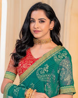 Vishal Prints Rama Green Georgette Saree With Foil Print And Zari Border
