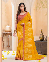 Vishal Prints Burnt Yellow-Orange Georgette Saree With Foil Print And Zari Border