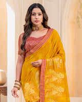 Vishal Prints Burnt Yellow-Orange Georgette Saree With Foil Print And Zari Border