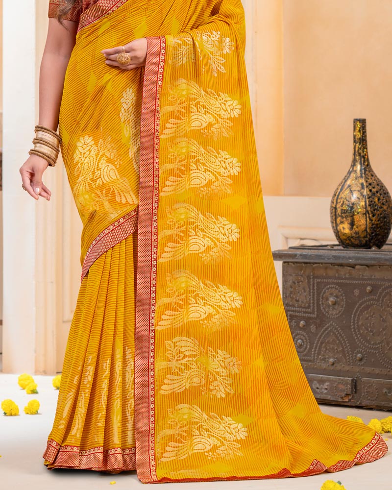 Vishal Prints Burnt Yellow-Orange Georgette Saree With Foil Print And Zari Border