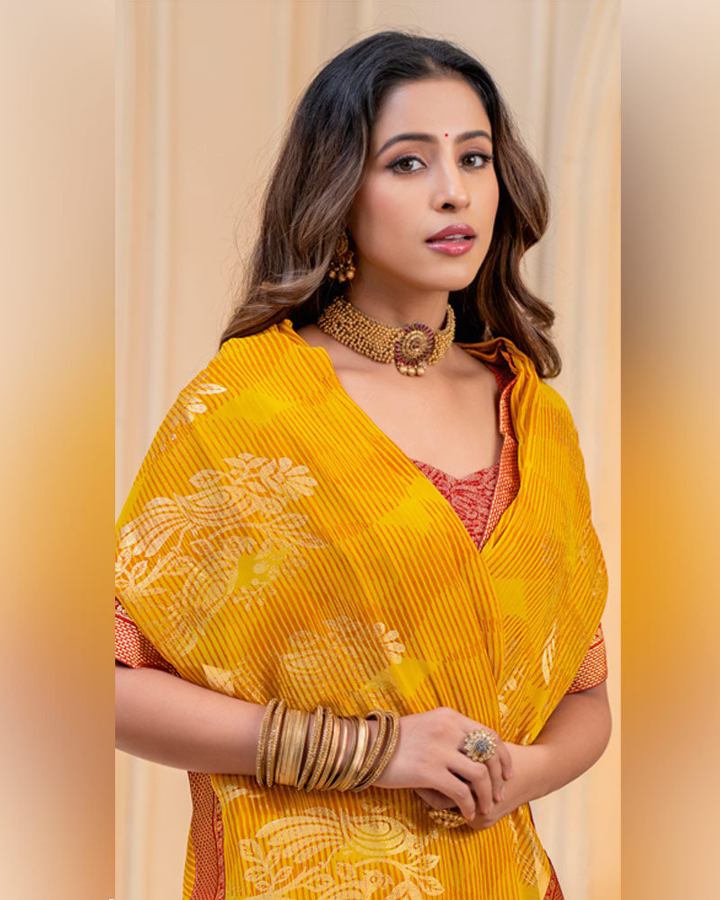 Vishal Prints Burnt Yellow-Orange Georgette Saree With Foil Print And Zari Border