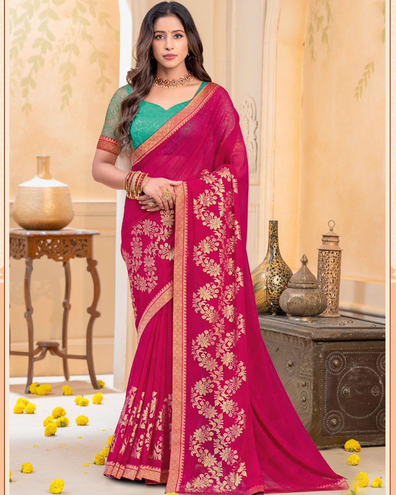 Vishal Prints Violet Red Georgette Saree With Foil Print And Zari Border