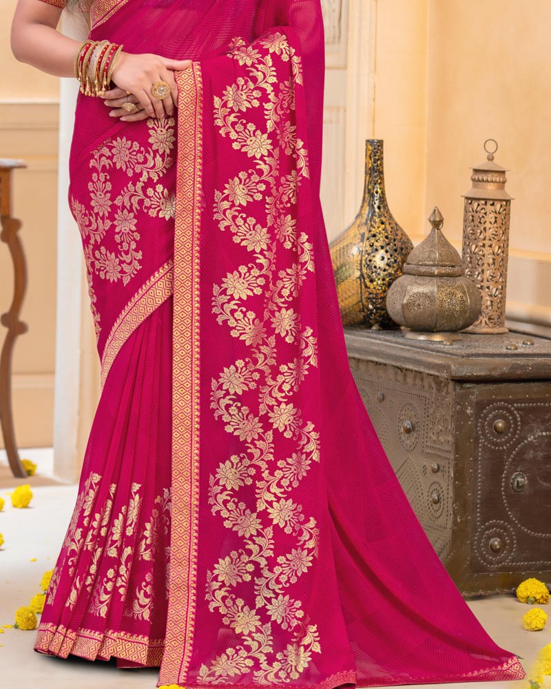 Vishal Prints Violet Red Georgette Saree With Foil Print And Zari Border