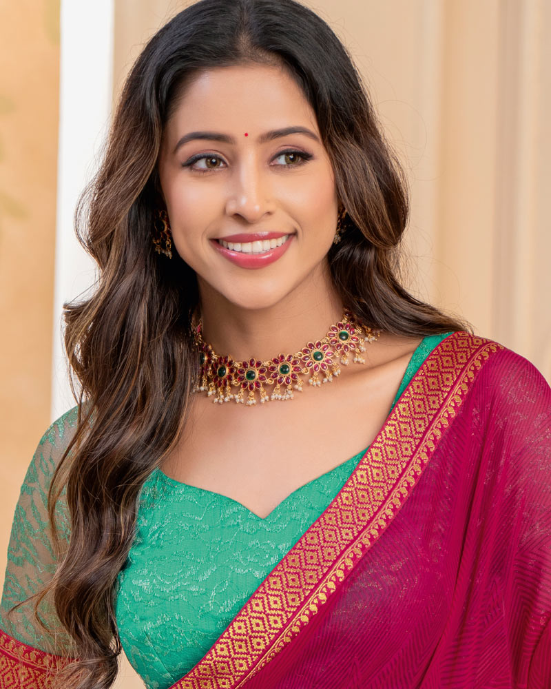 Vishal Prints Violet Red Georgette Saree With Foil Print And Zari Border