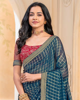 Vishal Prints Dark Navy Blue Georgette Saree With Foil Print And Zari Border