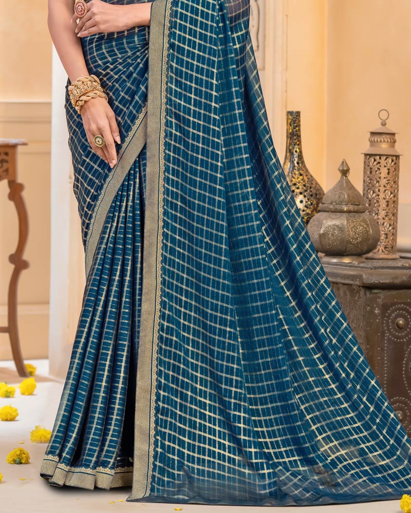 Vishal Prints Dark Navy Blue Georgette Saree With Foil Print And Zari Border