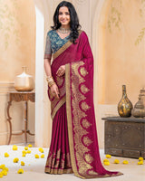 Vishal Prints Wineberry Georgette Saree With Foil Print And Zari Border