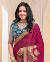 Vishal Prints Wineberry Georgette Saree With Foil Print And Zari Border