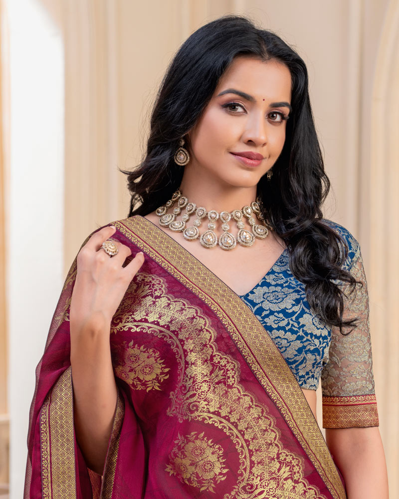 Vishal Prints Wineberry Georgette Saree With Foil Print And Zari Border