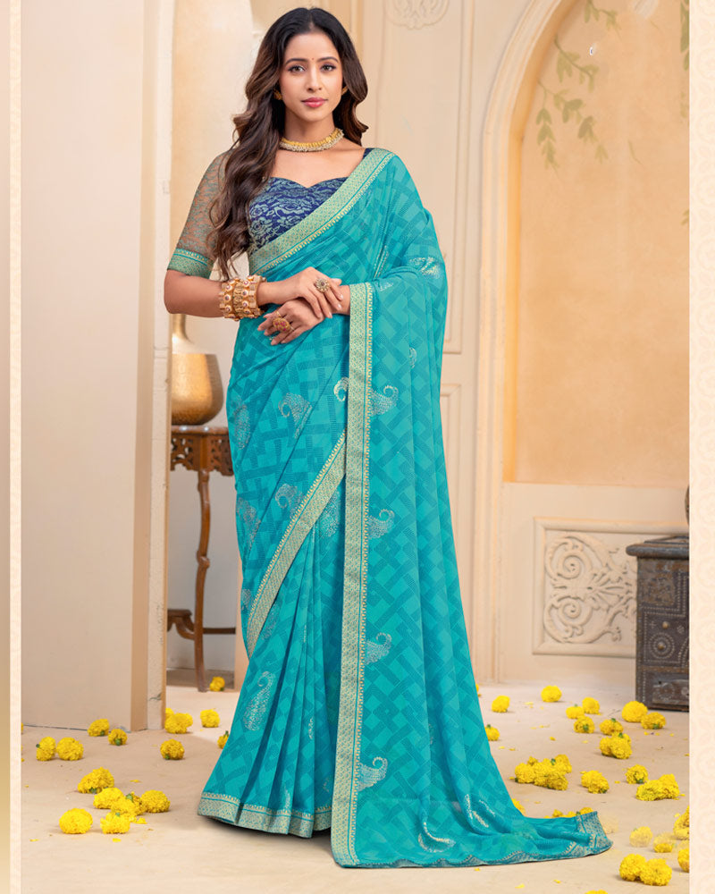 Vishal Prints Pacific Blue Georgette Saree With Foil Print And Zari Border