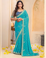 Vishal Prints Pacific Blue Georgette Saree With Foil Print And Zari Border
