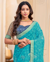 Vishal Prints Pacific Blue Georgette Saree With Foil Print And Zari Border