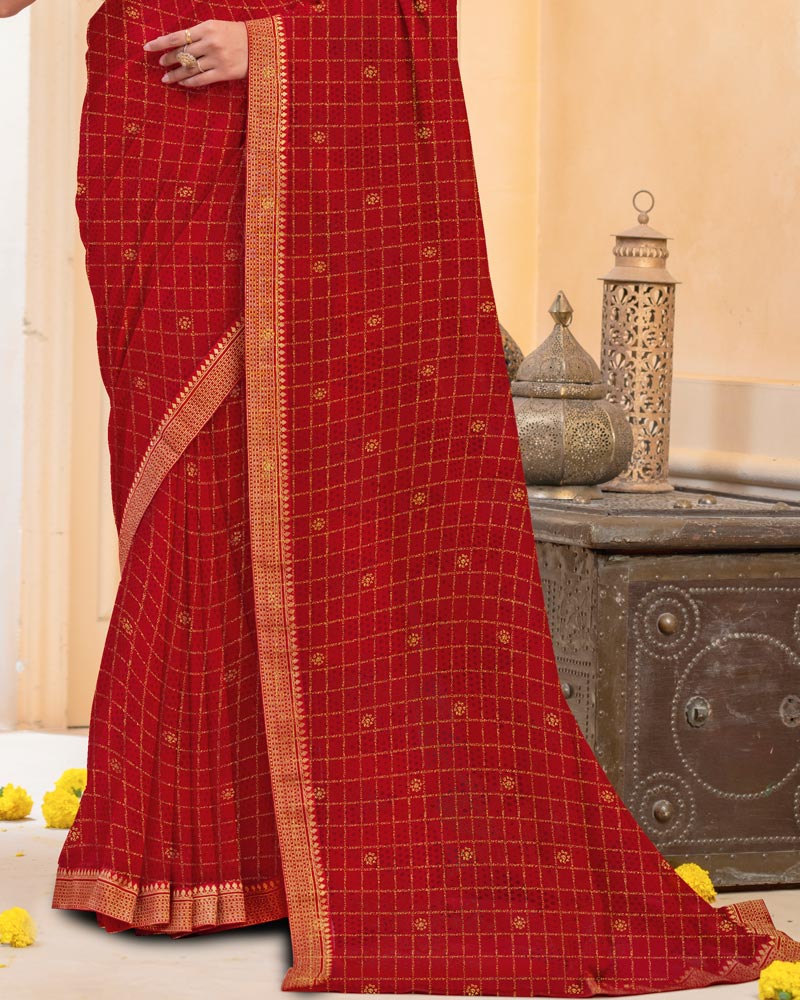 Vishal Prints Scarlet Red Georgette Saree With Foil Print And Zari Border