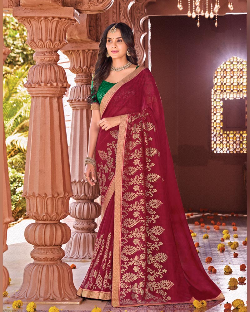 Vishal Prints Vivid Burgundy Designer Georgette Saree With Foil Print And Zari Border